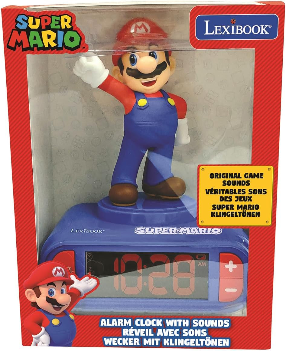 , Mario Nightlight Alarm Clock, RL800NI | Sounds & Melodies, LCD Backlit Screen, Luminous, Snooze, Red/Blue