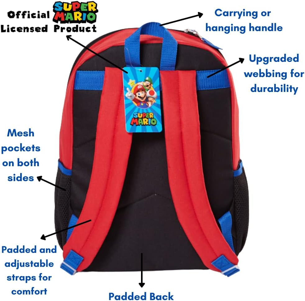 Super Mario Backpack with Lunch Box Set for Boys & Girls, 16 Inch, Value Bundle | Large Durable Super Mario Bookbag W/ Insulated Lunch Box - Mario School Supplies