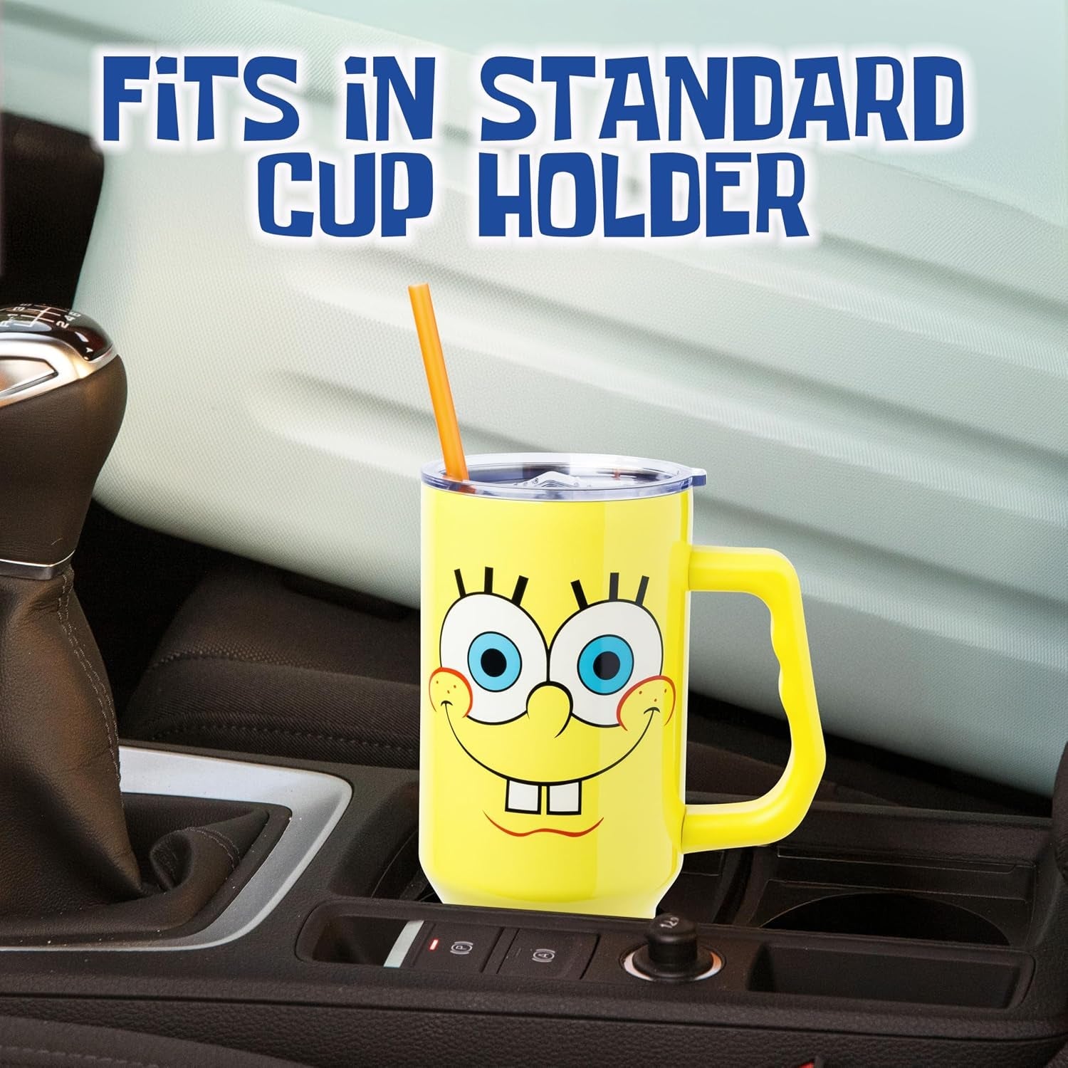 Spongebob Squarepants Double Walled Stainless Steel Tumbler with Handle, Fits in Standard Cup Holder, 40 Ounces
