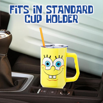 Spongebob Squarepants Double Walled Stainless Steel Tumbler with Handle, Fits in Standard Cup Holder, 40 Ounces