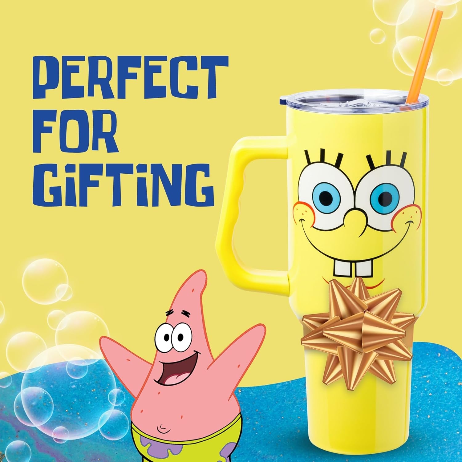 Spongebob Squarepants Double Walled Stainless Steel Tumbler with Handle, Fits in Standard Cup Holder, 40 Ounces