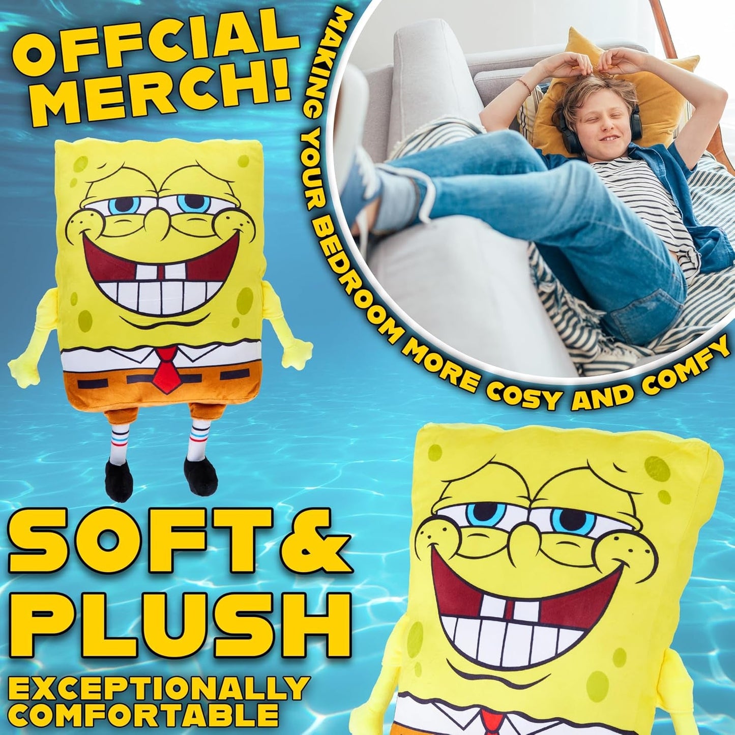 Spongebob Squarepants Plush Cushion Pillow, Soft Plush Throw Pillow Cute Fluffy Cushion Bedroom Decor, Gifts for Teens, Women (Yellow Spongebob, L13.8 X W11)
