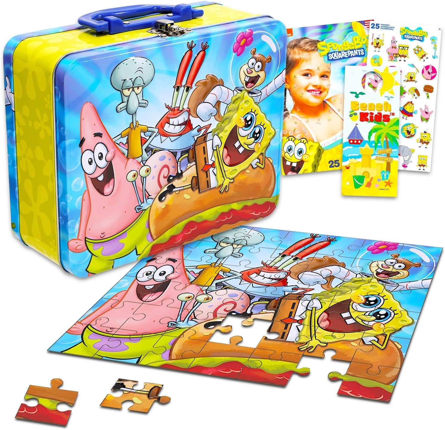 Spongebob Squarepants Tin Lunch Box Puzzle Bundle | Lunchbox with 48 Piece Puzzle plus Tattoos, Stickers, More | Spongebob School Supplies Set for Kids