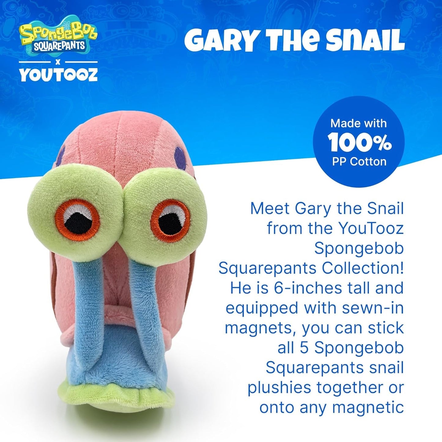 Gary the Snail Stickie in 6", Magnetic and Soft Spongebob Squarepants Collectible Gary the Snail Plush - Cute Spongebob Toys Collection