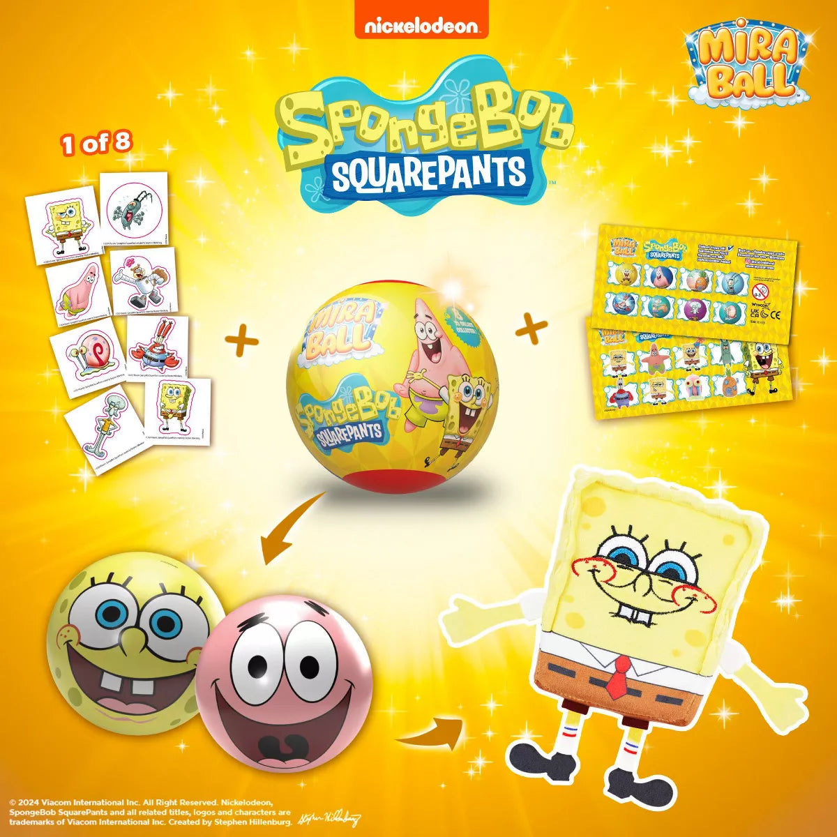 Spongebob Squarepants Miraball, 3-In-1 Surprise, Blind Box Toys for Kids - Collectable Characters - Metal Ball, Plush, Stickers, White Ribbon