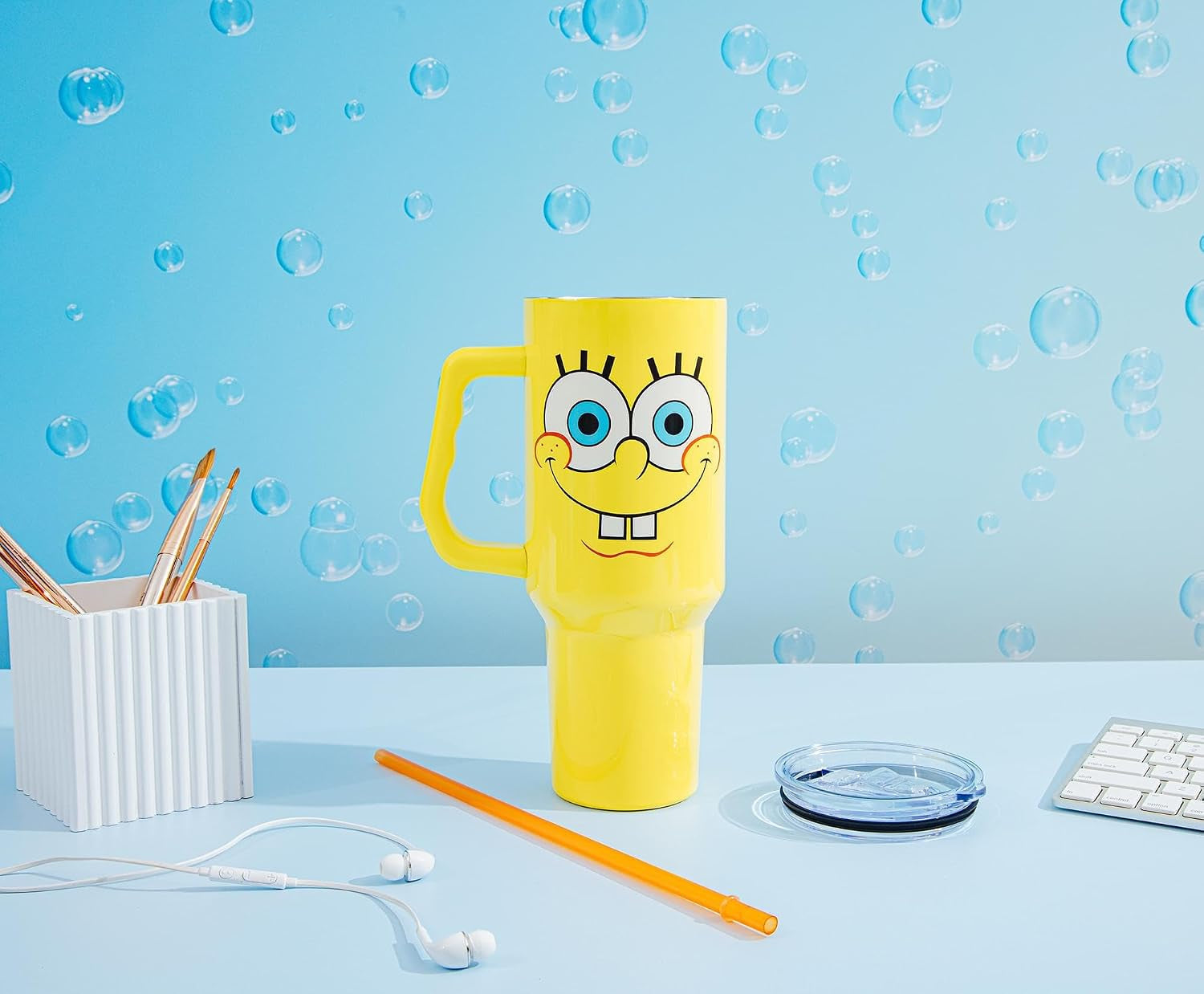Spongebob Squarepants Double Walled Stainless Steel Tumbler with Handle, Fits in Standard Cup Holder, 40 Ounces