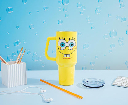 Spongebob Squarepants Double Walled Stainless Steel Tumbler with Handle, Fits in Standard Cup Holder, 40 Ounces
