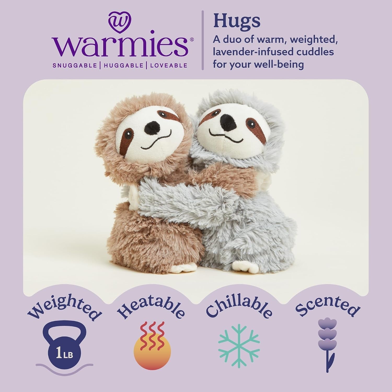 Hugs Duo, Microwavable & Weighted Stuffed Animals, Sloth - Heated Stuffed Animal Plushie for Warmth & Comfort - Cute Soft Plush Toys for Adults & Children (Boys, Girls, Babies & Toddlers)