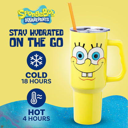 Spongebob Squarepants Double Walled Stainless Steel Tumbler with Handle, Fits in Standard Cup Holder, 40 Ounces