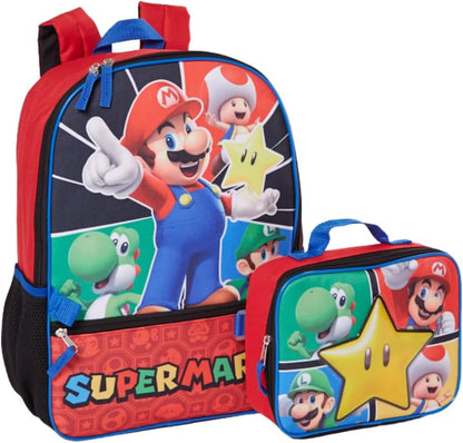 Super Mario Backpack with Lunch Box Set for Boys & Girls, 16 Inch, Value Bundle | Large Durable Super Mario Bookbag W/ Insulated Lunch Box - Mario School Supplies