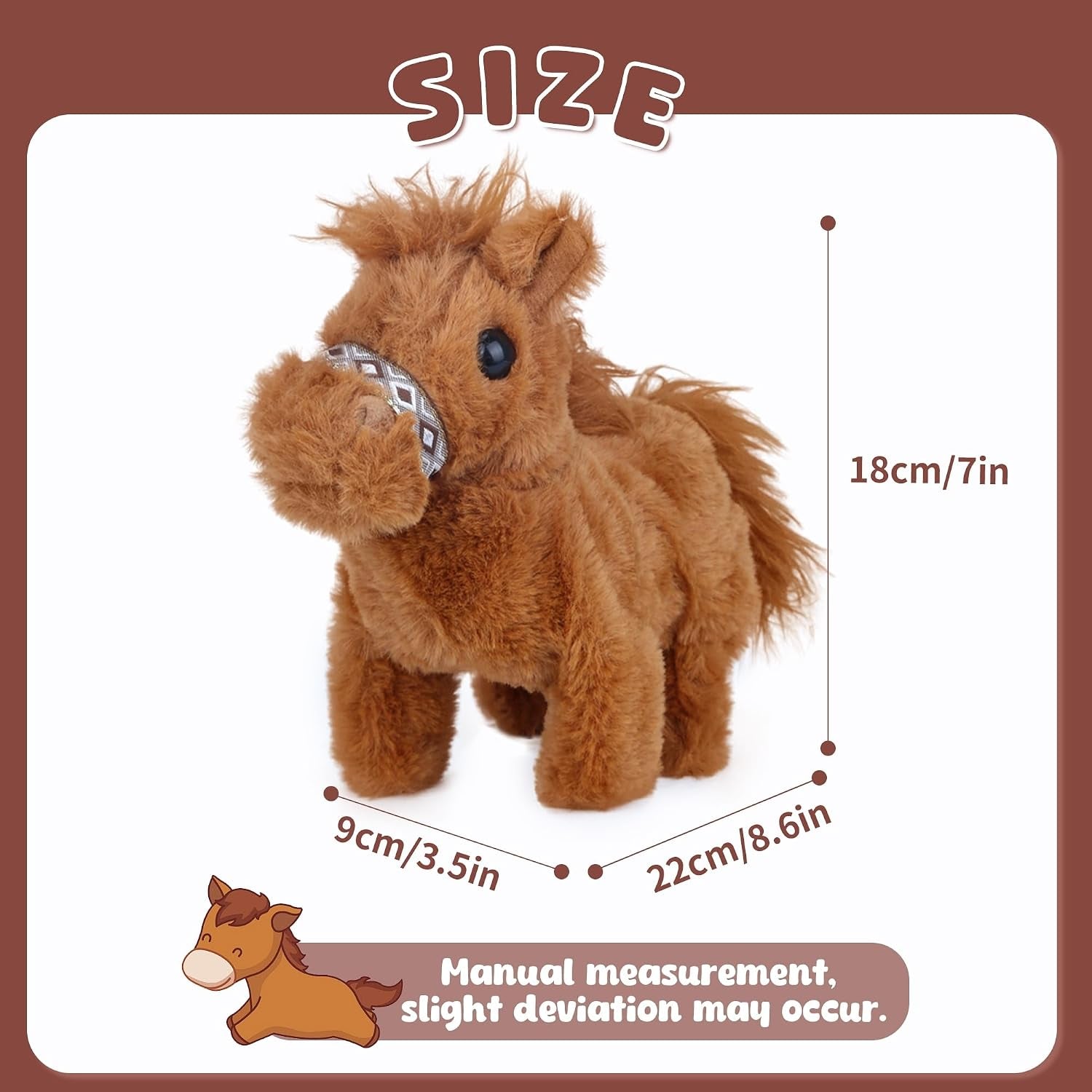 Walking Pony Toy, Interactive Horse Plush Toy Stuffed Animal with Sound Shaking Tail, 7'' Cute Tummy Time Toys Walking Horse Plushie Christmas Birthday Gifts for Toddlers & Kids, Brown