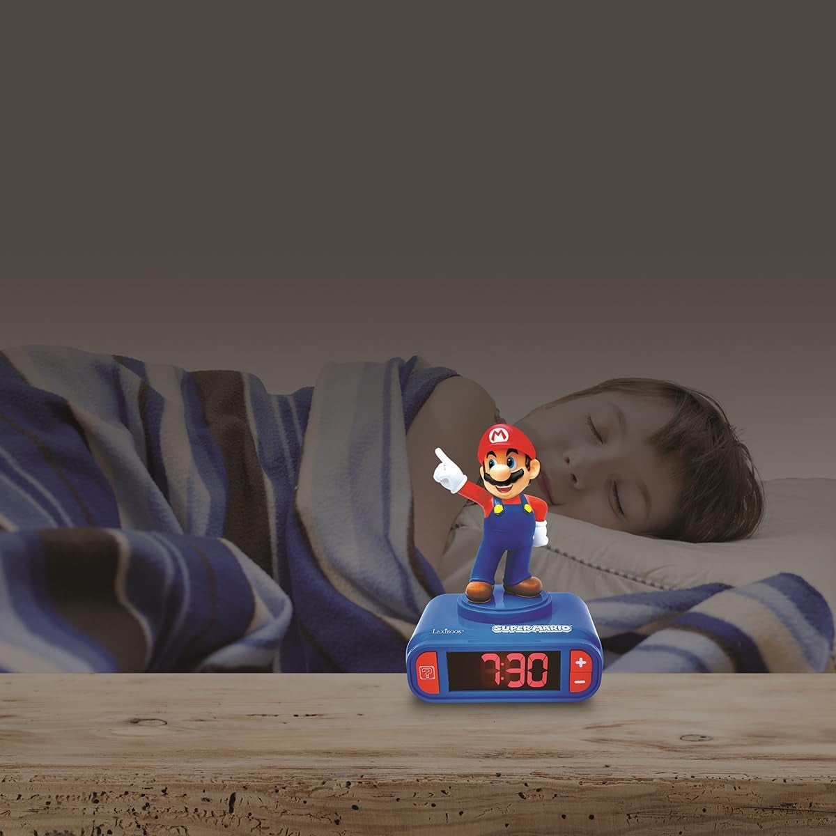 , Mario Nightlight Alarm Clock, RL800NI | Sounds & Melodies, LCD Backlit Screen, Luminous, Snooze, Red/Blue
