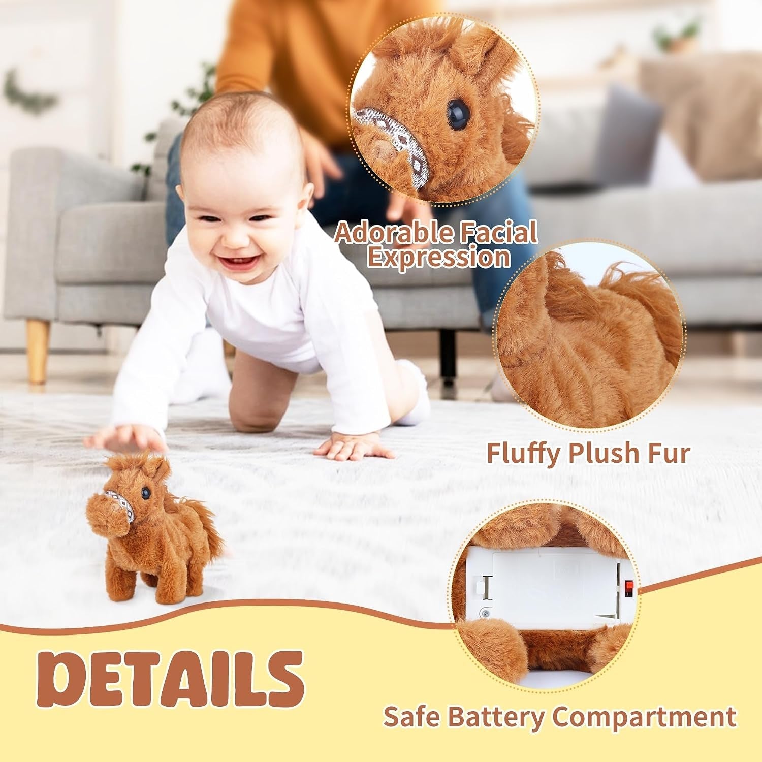 Walking Pony Toy, Interactive Horse Plush Toy Stuffed Animal with Sound Shaking Tail, 7'' Cute Tummy Time Toys Walking Horse Plushie Christmas Birthday Gifts for Toddlers & Kids, Brown