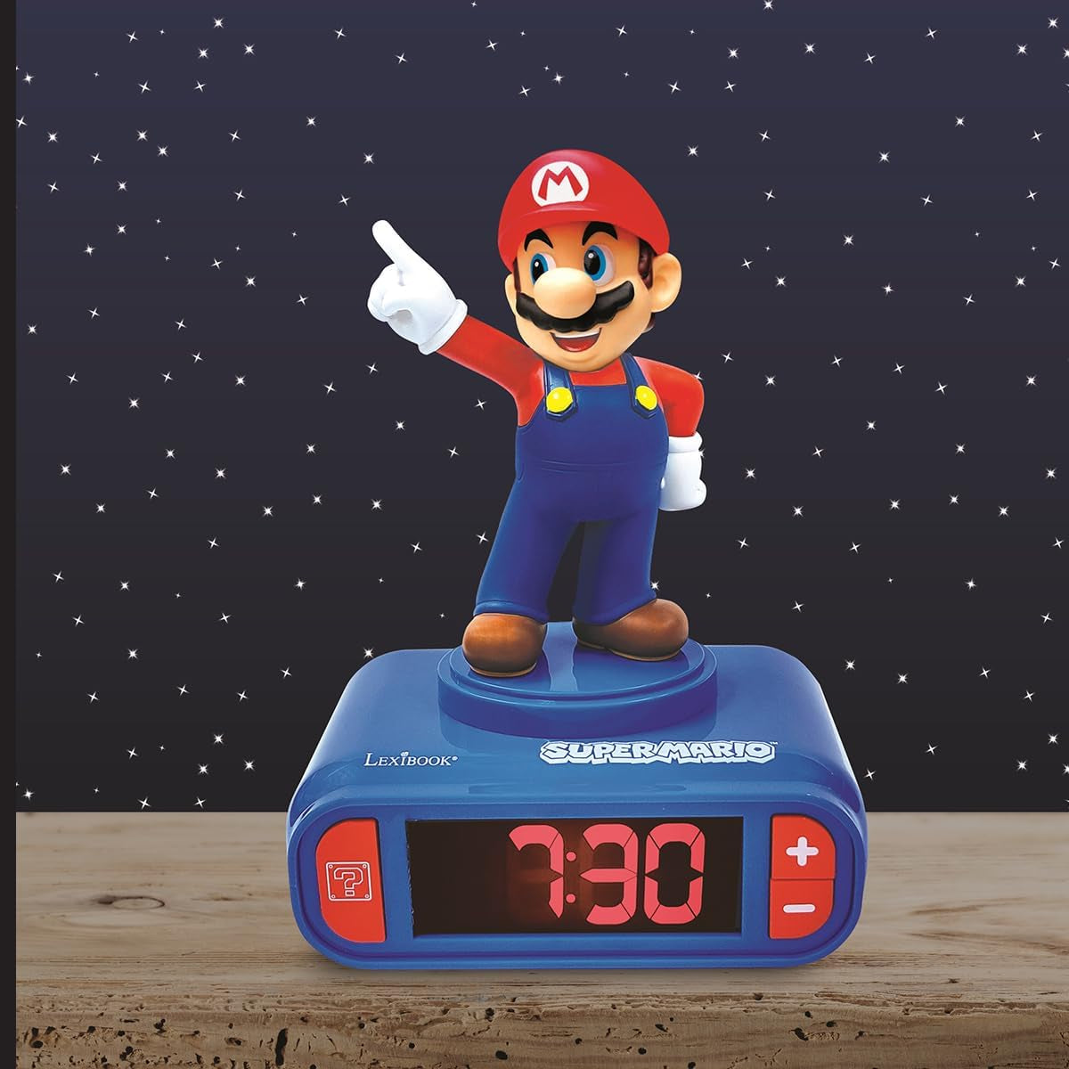 , Mario Nightlight Alarm Clock, RL800NI | Sounds & Melodies, LCD Backlit Screen, Luminous, Snooze, Red/Blue