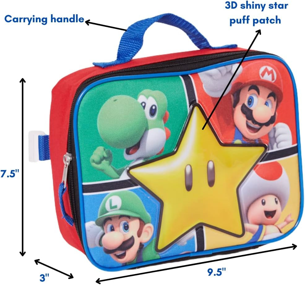 Super Mario Backpack with Lunch Box Set for Boys & Girls, 16 Inch, Value Bundle | Large Durable Super Mario Bookbag W/ Insulated Lunch Box - Mario School Supplies