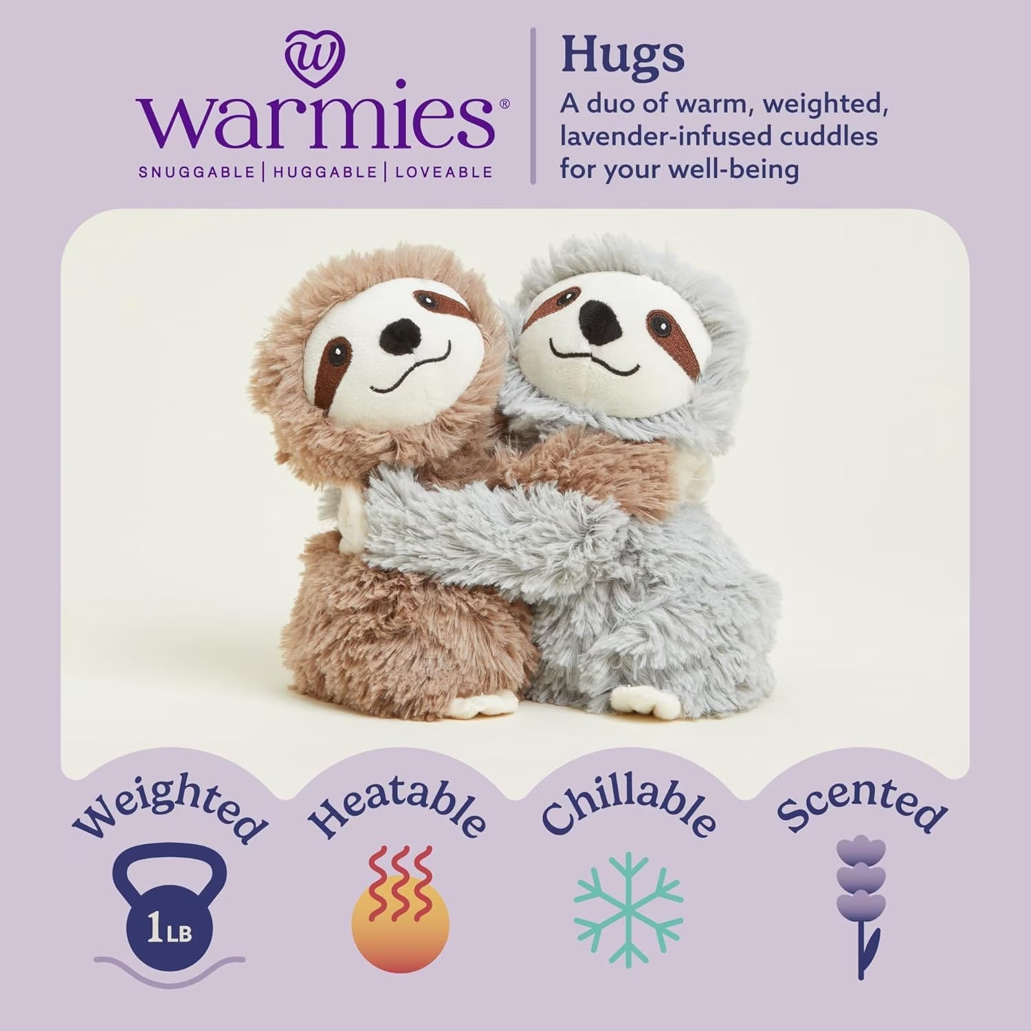 Hugs Duo 9" Sloth Stuffed Animal, Microwavable Heated Plushies and Weighted Soft Plush Toys
