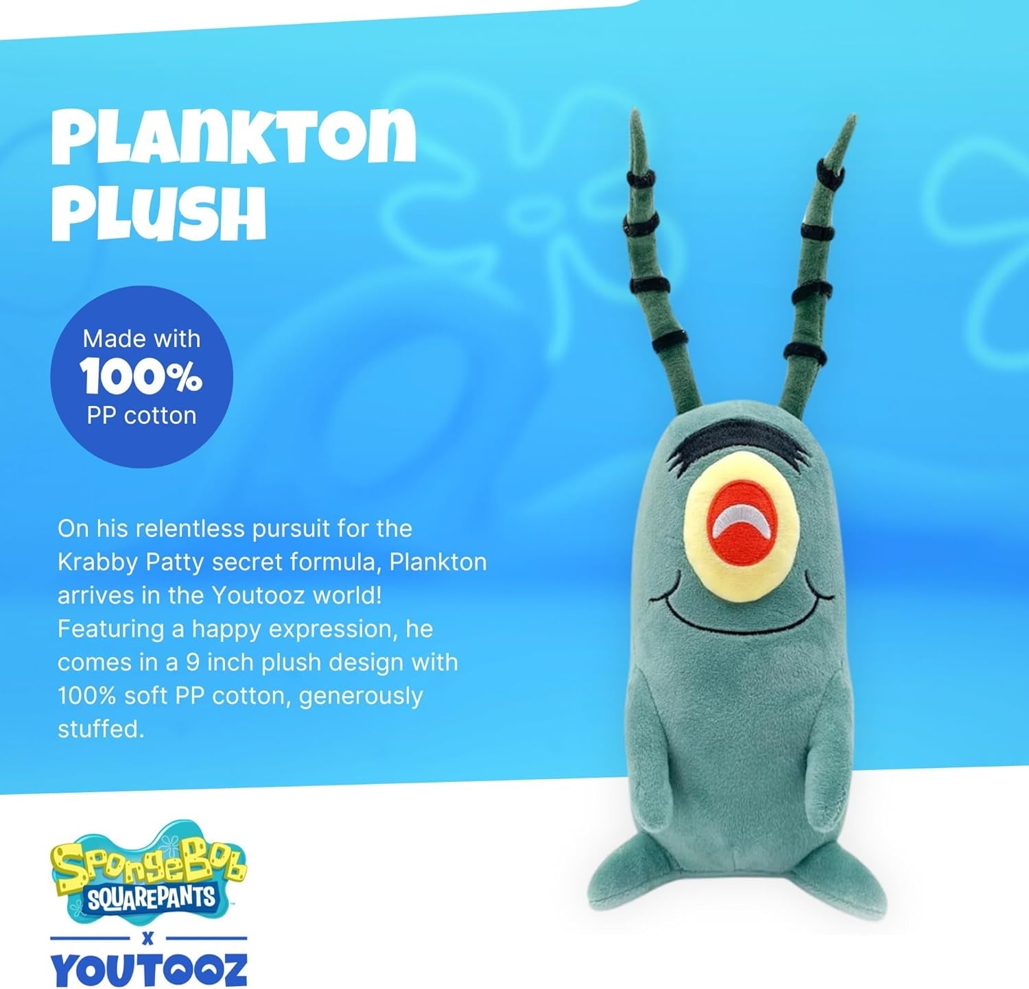 Plankton Sitting Plush 9" Inch, Spongebob Official Licensed Stuffed Plushie, Plankton the Chum Bucket from Spongebob Squarepants