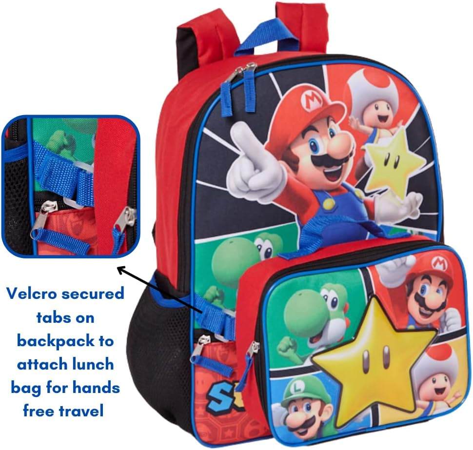 Super Mario Backpack with Lunch Box Set for Boys & Girls, 16 Inch, Value Bundle | Large Durable Super Mario Bookbag W/ Insulated Lunch Box - Mario School Supplies
