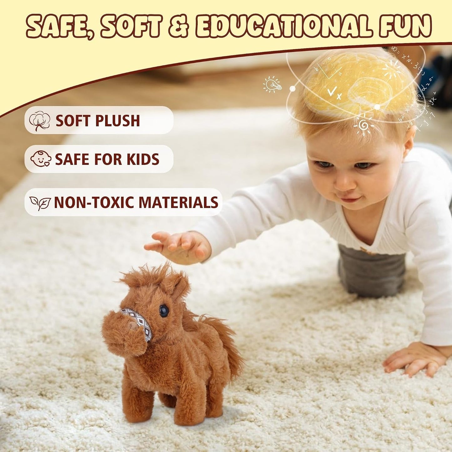 Walking Pony Toy, Interactive Horse Plush Toy Stuffed Animal with Sound Shaking Tail, 7'' Cute Tummy Time Toys Walking Horse Plushie Christmas Birthday Gifts for Toddlers & Kids, Brown