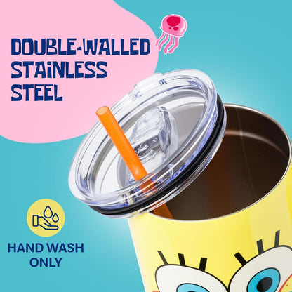 Spongebob Squarepants Double Walled Stainless Steel Tumbler with Handle, Fits in Standard Cup Holder, 40 Ounces