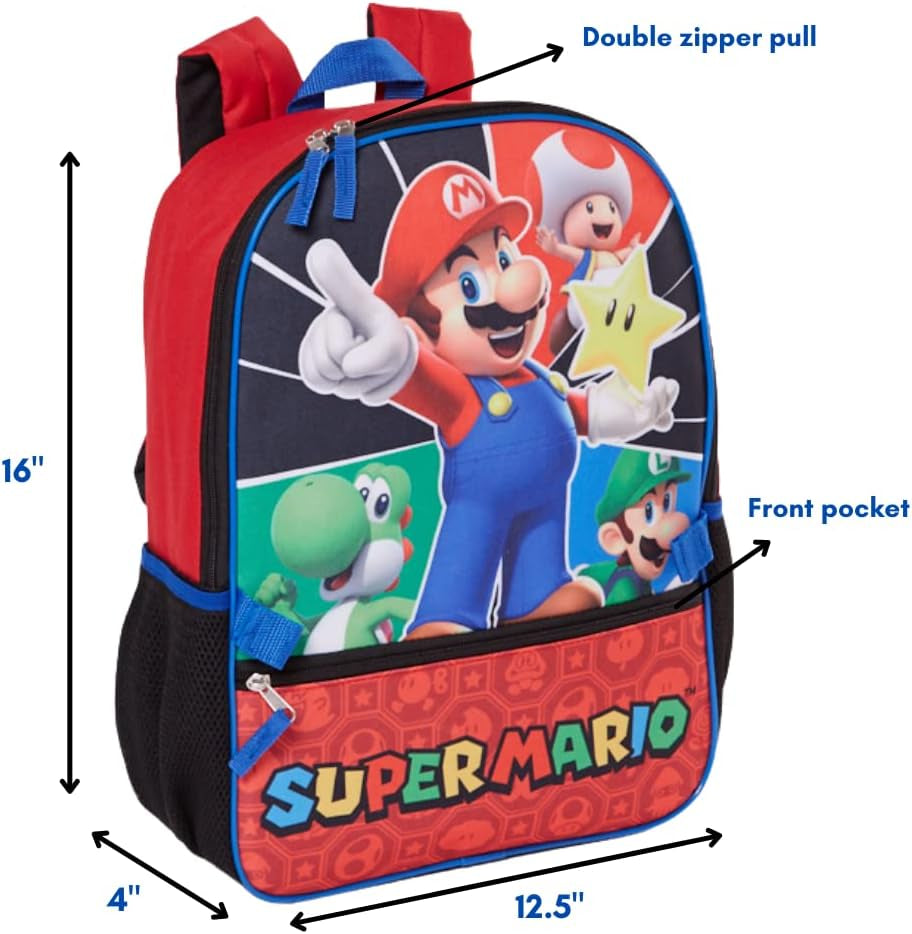 Super Mario Backpack with Lunch Box Set for Boys & Girls, 16 Inch, Value Bundle | Large Durable Super Mario Bookbag W/ Insulated Lunch Box - Mario School Supplies