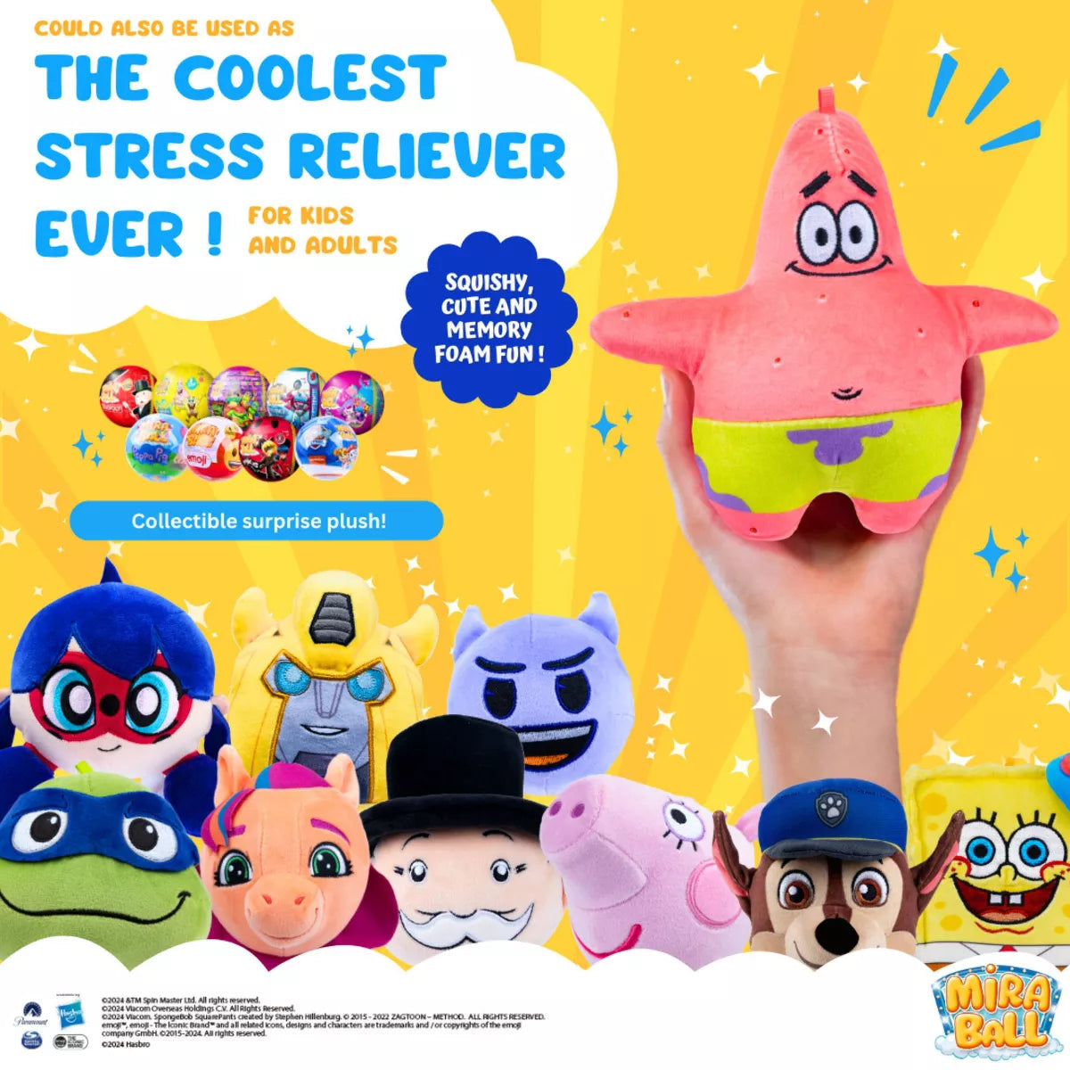 Spongebob Squarepants Miraball, 3-In-1 Surprise, Blind Box Toys for Kids - Collectable Characters - Metal Ball, Plush, Stickers, White Ribbon