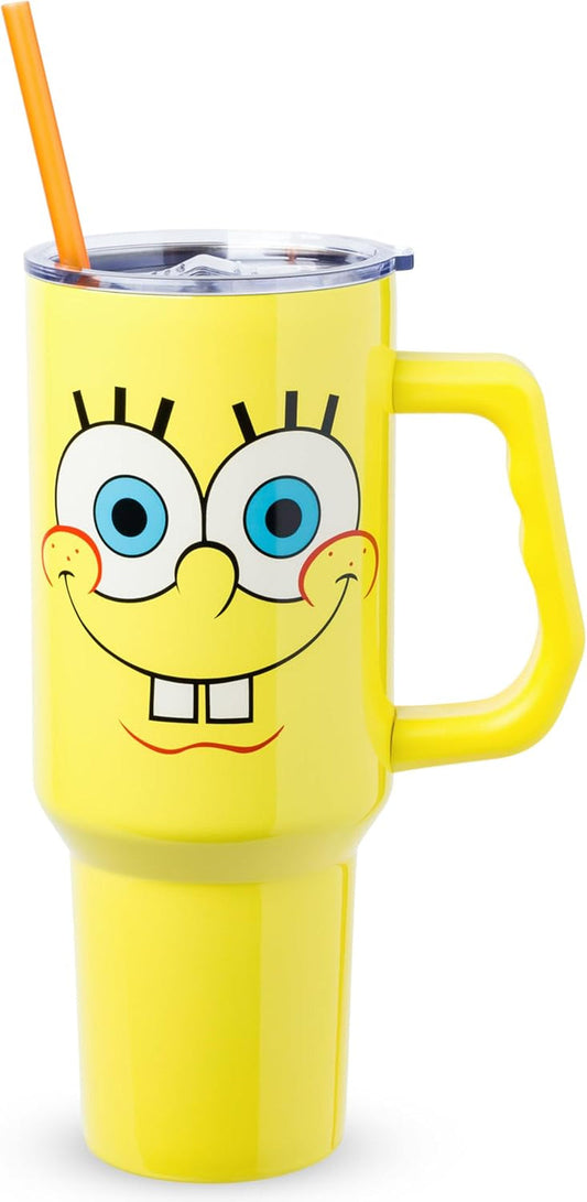 Spongebob Squarepants Double Walled Stainless Steel Tumbler with Handle, Fits in Standard Cup Holder, 40 Ounces