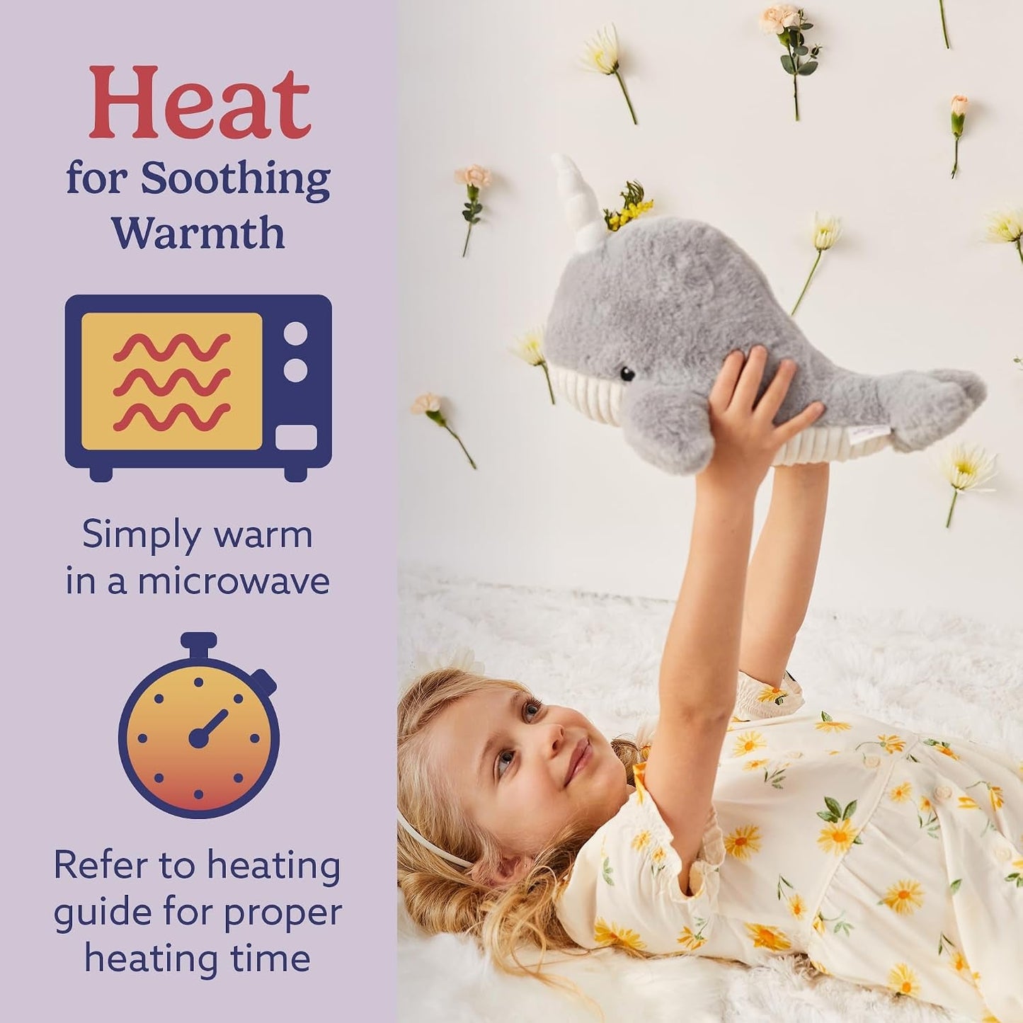 Microwavable & Weighted Stuffed Animals, Narwhal - Heated Stuffed Animal Plushie for Warmth & Comfort - Cute Soft Plush Toys for Adults & Children (Boys, Girls, Babies & Toddlers)