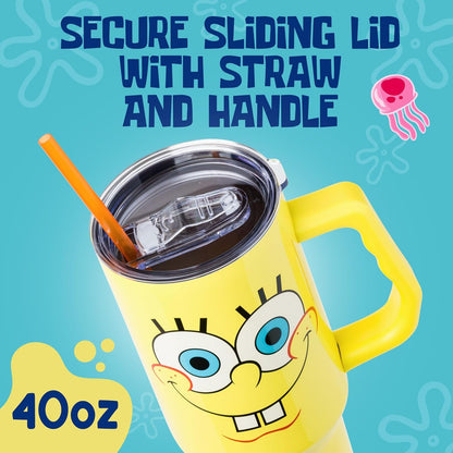 Spongebob Squarepants Double Walled Stainless Steel Tumbler with Handle, Fits in Standard Cup Holder, 40 Ounces