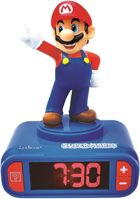 , Mario Nightlight Alarm Clock, RL800NI | Sounds & Melodies, LCD Backlit Screen, Luminous, Snooze, Red/Blue