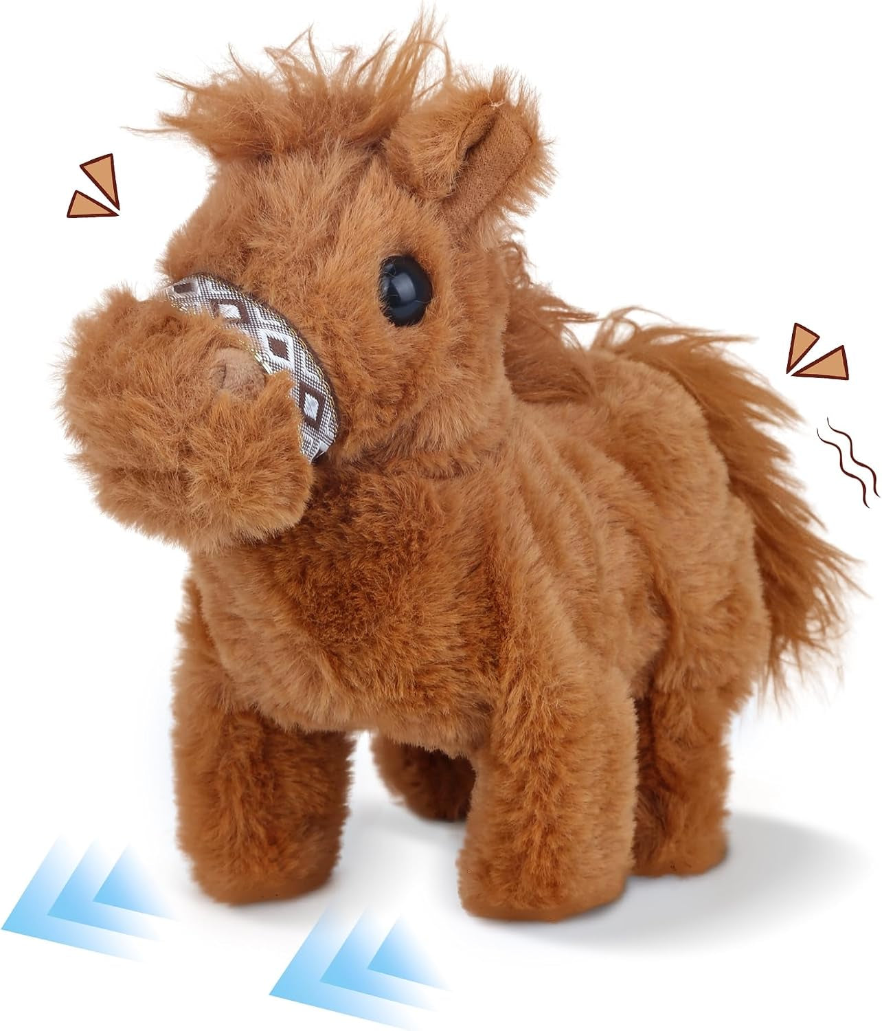 Walking Pony Toy, Interactive Horse Plush Toy Stuffed Animal with Sound Shaking Tail, 7'' Cute Tummy Time Toys Walking Horse Plushie Christmas Birthday Gifts for Toddlers & Kids, Brown