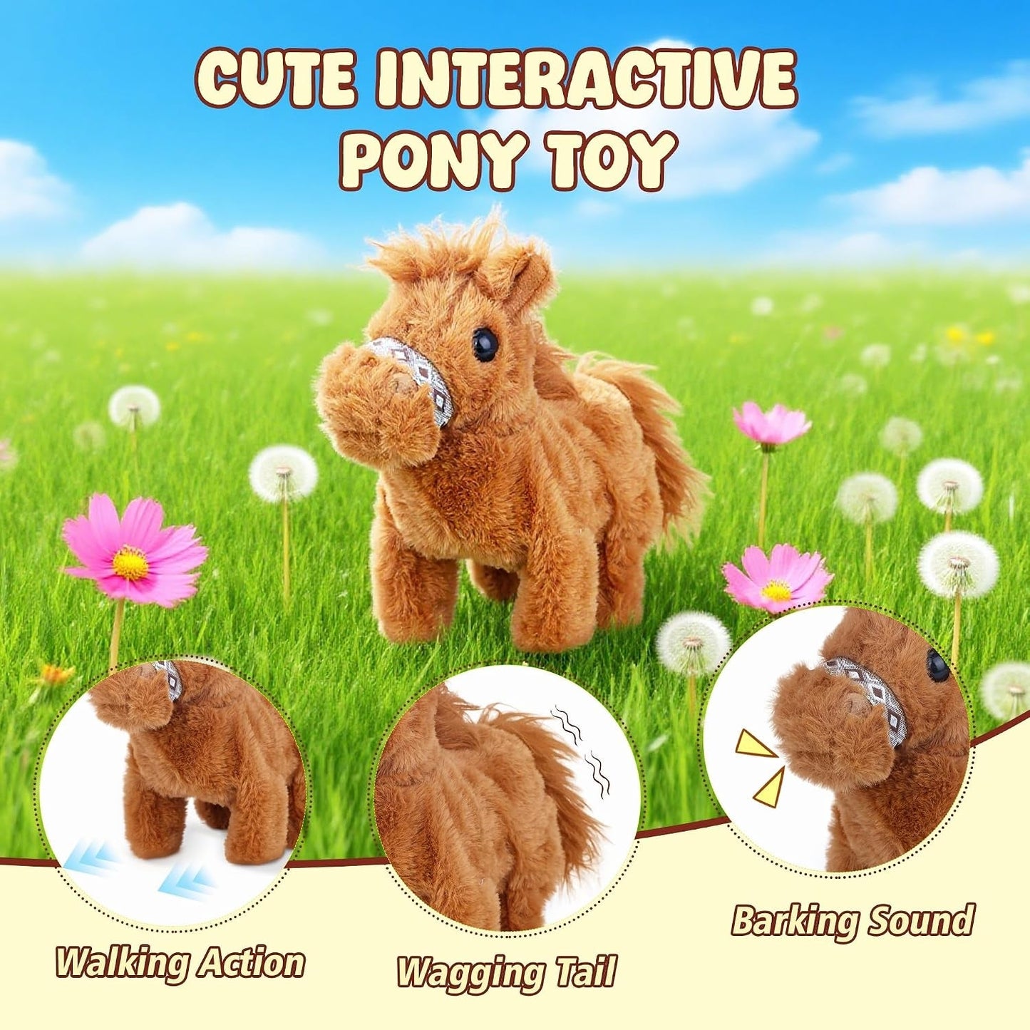 Walking Pony Toy, Interactive Horse Plush Toy Stuffed Animal with Sound Shaking Tail, 7'' Cute Tummy Time Toys Walking Horse Plushie Christmas Birthday Gifts for Toddlers & Kids, Brown